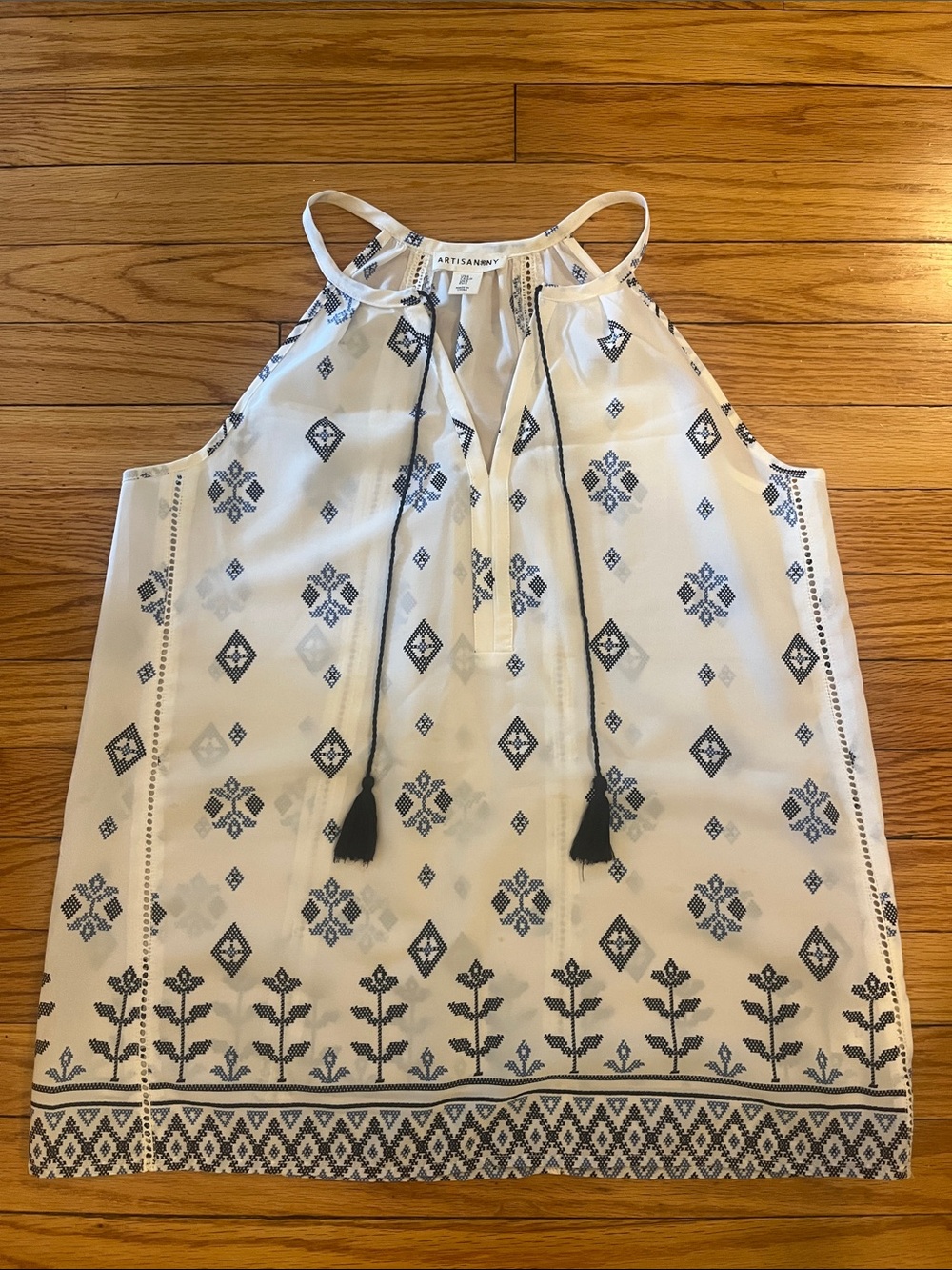White Embroidered Halter Tank with Navy Tassels